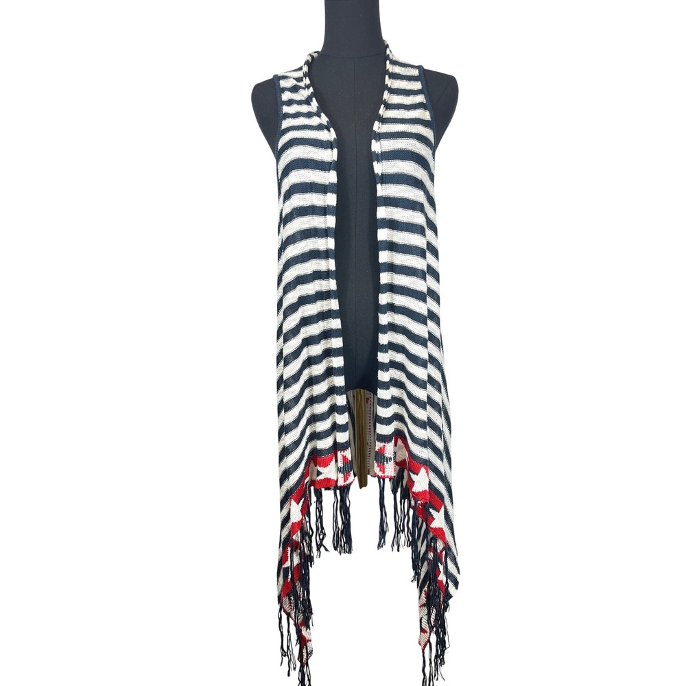 Unity World Wear Womens Large Red White Blue Striped Fringe Longline Vest July 4